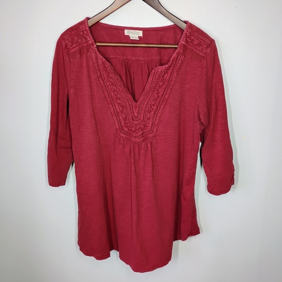 Lucky Brand Top Womens Plus 1X Red Embroidered Flowy Boho Bohemian Casual - Picture 11 of 11
